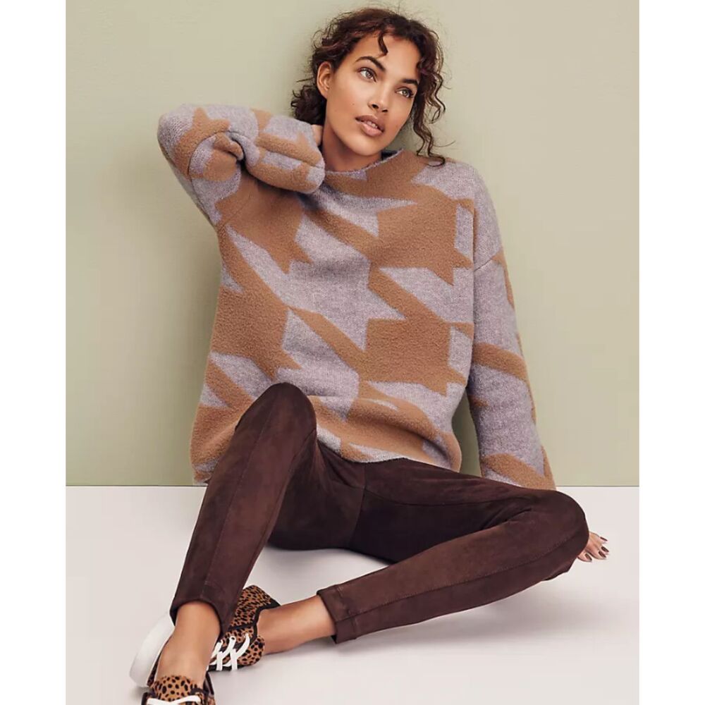 Ann Taylor Houndstooth Jacquard Mock Neck Sweater Women's M Oversized Lillac - Picture 3 of 10